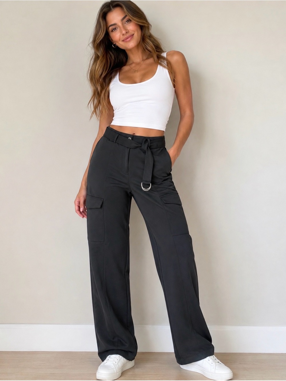 NY Collection Black Straight-Leg Cargo Pants with D-Ring Belt new with tags.boho